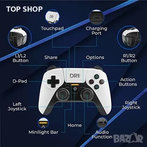 DR1TECH ShockPad II безжичен контролер за игри за PS4/PS3, съвместим с PC/iOS и двойна вибрация, снимка 3 - Аксесоари - 48757272