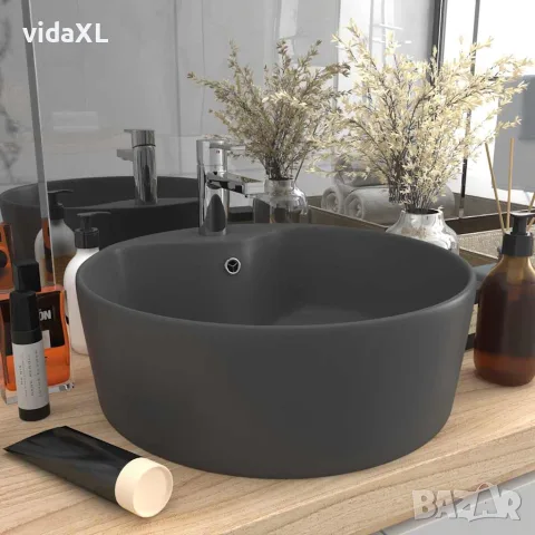 vidaXL Луксозна мивка с преливник тъмносив мат 36x13 см керамика, снимка 2 - Мивки - 56146113