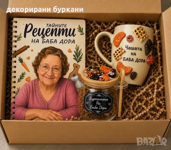 Подаръчка кутия тефтер/рецептурник персонализиран + чаша и буркан