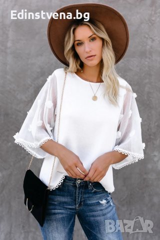 Дамска блуза с ефектни къси ръкави в бяло, снимка 5 - Корсети, бюстиета, топове - 39993973