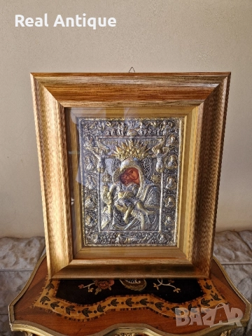 Прекрасна голяма антикварна сребърна икона със сертификат и маркировка 