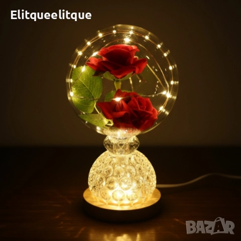 Лампа с вечни рози и топла LED светлина – подарък, който не увяхва, снимка 2 - Настолни лампи - 52217779