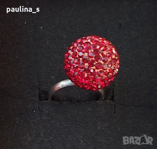 Сребърен пръстен проба 925 / червена топка с кристали "Swarovski" , снимка 6 - Пръстени - 26293568