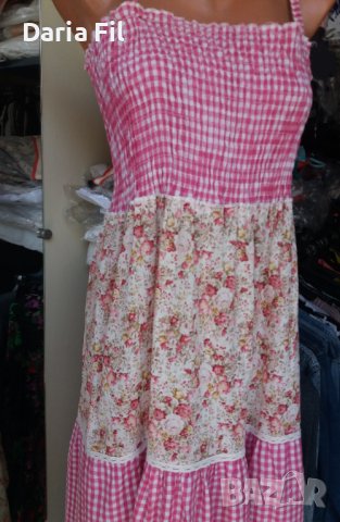 Дълга рокля на волани на цветя и в розово каре с тънки презрамки , снимка 3 - Рокли - 41116150