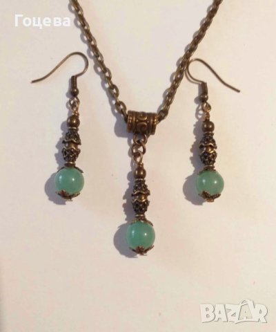 Разкошен комплект бижута обеци и колие с Нефрит и красиви орнаменти цвят Античен бронз 