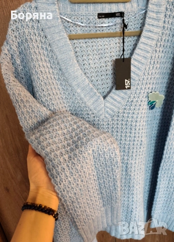 Нов син пуловер бранд 157 LEGER с брошка облак дъжд, снимка 8 - Блузи с дълъг ръкав и пуловери - 53501596