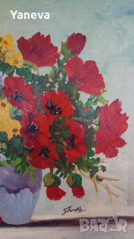 Стара картина „Пролетен букет“,  изобразяваща богат и жизнен цветен букет. , снимка 3 - Картини - 53728056