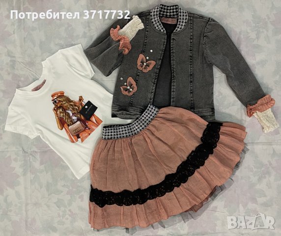 Спортно-елегантен тоалет от пола, блузка и дънково яке с пеперуди, снимка 1