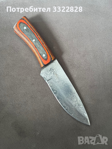 Ловен нож от Дамаска стомана дръжка дърво кожена кания, снимка 3 - Ножове - 44746180