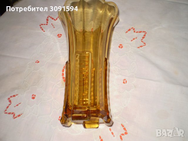 Винтидж арт деко 1930 стъклена ваза с кехлибарен цвят, снимка 6 - Други ценни предмети - 41709750
