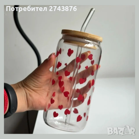Коктейлно бурканче със стъклена сламка , бамбуков капак,Огнеупорно стъкло - 500 мл., пролетни цветя, снимка 6 - Чаши - 46971716