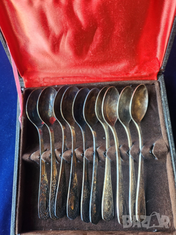 мелхиор лъжички за чай/кафе/сладко, красив мод. "Зеркало", к-т от 10 броя + захарница , от СССС