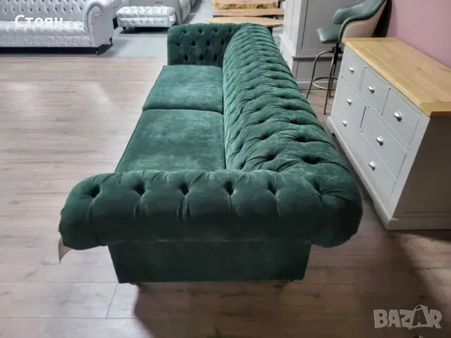Голям зелен диван от плат Честърфийлд - четворка, снимка 9 - Дивани и мека мебел - 48286348