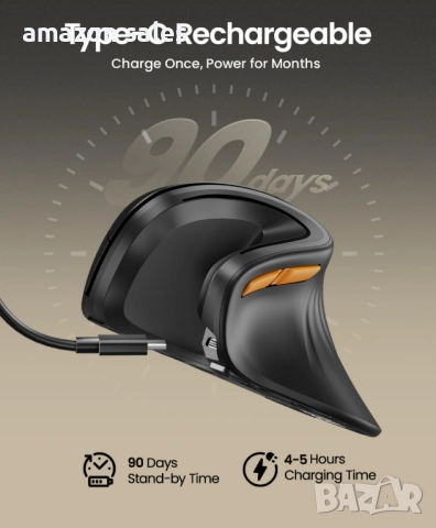 ProtoArc Ергономична мишка EM11 NL Bluetooth презареждаща безжична вертикална връзка с 3 устройства, снимка 3 - Клавиатури и мишки - 51912037