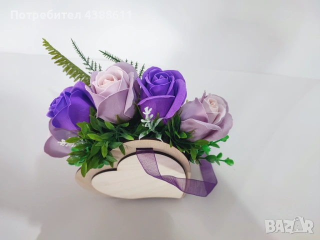 Кошничка сърце с гравирано лично послание и сапунени рози, снимка 9 - Изкуствени цветя - 53425262