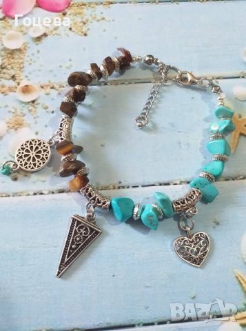 Много красива Бохо гривна със скъпоценни камъни Тюркоази и Тигрово око, снимка 6 - Гривни - 26953448