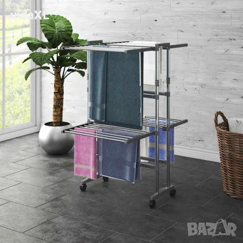 vidaXL Двуетажен сушилник за дрехи с колелца, сребрист, 60x70x106 см, снимка 2 - Сушилници - 56147145