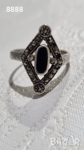 Сребърен пръстен 925 с маркизити и оникс , снимка 2 - Пръстени - 44216552