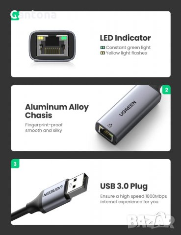 UGREEN USB 3.0 LAN адаптер 10/100/1000 Mbps, USB to RJ45 Ethernet, ASIX 88179, снимка 3 - Други - 34207501