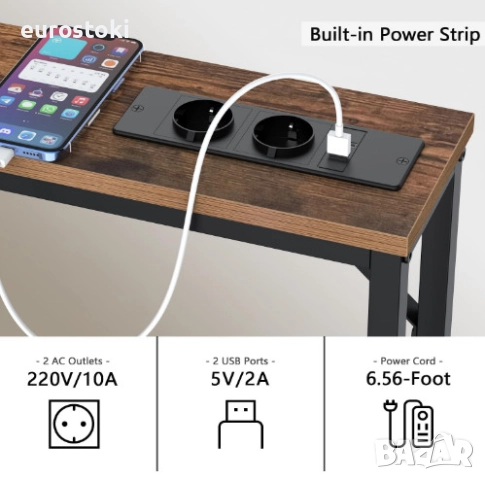 Конзолна маса VEDECASA с 2 зарядни станции, тънка конзолна маса за диван, спалня, коридор, индустриа, снимка 2 - Маси - 52777202