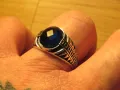 Старинен красив мъжки сребърен пръстен с голям красив  син сапфир Камъкът на кралете сребро, снимка 1