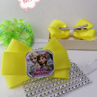 Панделка Ана и Елза "Happy Birthday"  в жълто , снимка 2 - Шноли, диадеми, ленти - 44783610