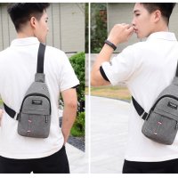 Мъжка чанта, чантичка за пред гърди чанта през рамо, или гръб, черна и сива с отвор за кабел, раница, снимка 5 - Чанти - 41435936