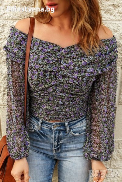 Къс дамски топ с дълъг ръкав и флорален принт, снимка 1