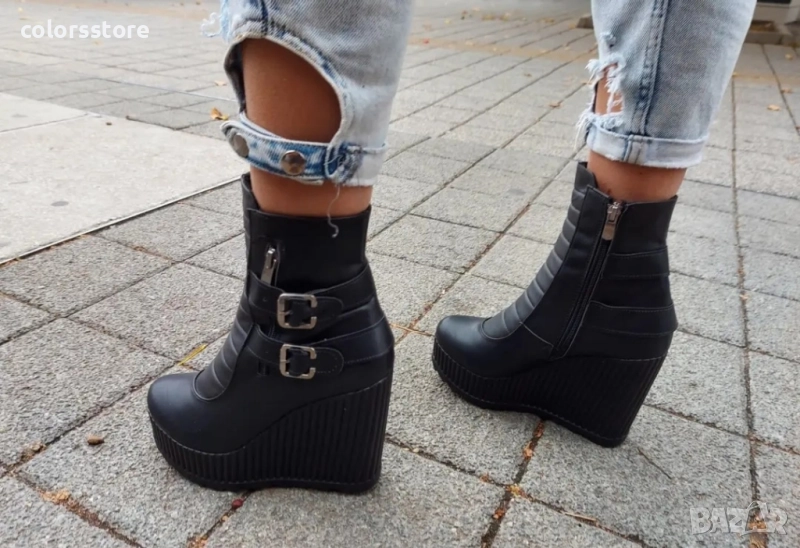 Боти на платформа - черна кожа - B2001 , снимка 1
