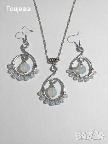 Прелестен комплект бижута със скъпоценни камъни Опал и орнаменти в цвят Сребро, снимка 7 - Бижутерийни комплекти - 41138790