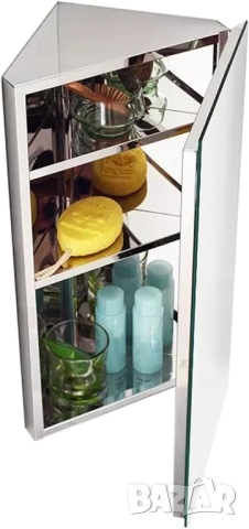 Ъглов Шкаф с Огледало за Баня, Стенен Монтаж, от Неръждаема Стомана, 3 Рафта, 60×30×19 см!, снимка 10 - Шкафове - 52859543