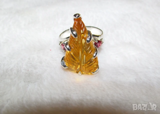 925 сребърен пръстен с листо цитрин размери 21x13мм, общо тегло 7.3гр. , снимка 1