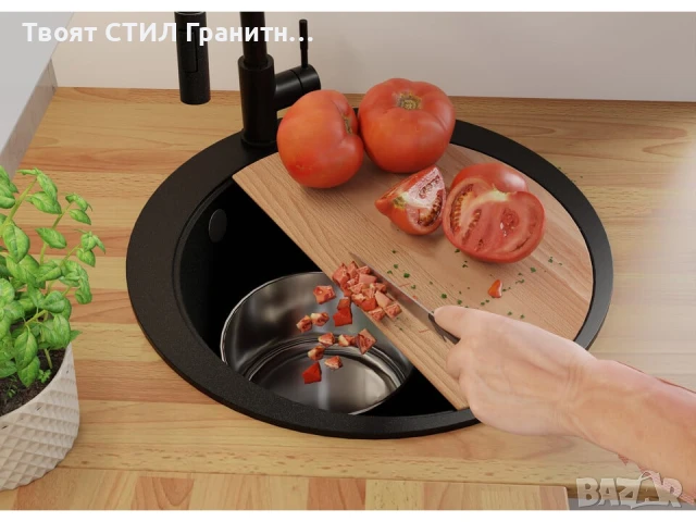 Черна кръгла кухненска гранитна мивка Пиза 50 Top 530 x 530 мм, снимка 4 - Мивки - 51286299