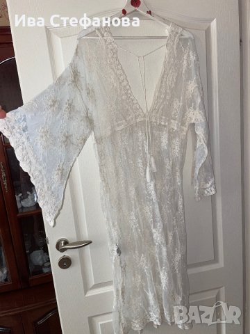 Нова бяла плажна наметка парео  дантела кафтан плажна бяла дантелена туника дълга риза , снимка 5 - Туники - 41044513