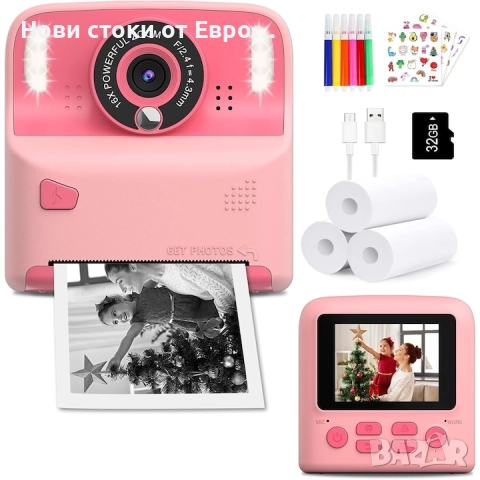 Дигитален фотоапарат за деца, 2.4 инча, черно/бял моментен печат, 32GB, розов, 3-12г.
