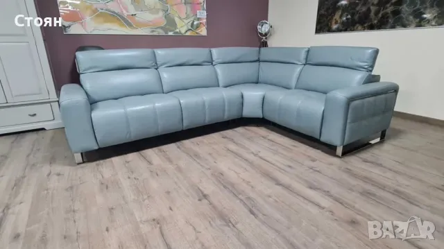  Сиво - син кожен ъглов диван "Marvella", снимка 10 - Дивани и мека мебел - 47498956