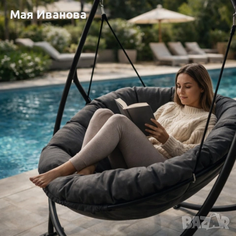 Висящ стол PATIO с тъмносива възглавница и сива рамка - стилен акцент за всеки дом и градина, снимка 2 - Градински мебели, декорация  - 53816640