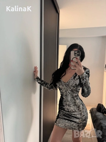 Пайетена рокля сива, снимка 2 - Рокли - 53354586