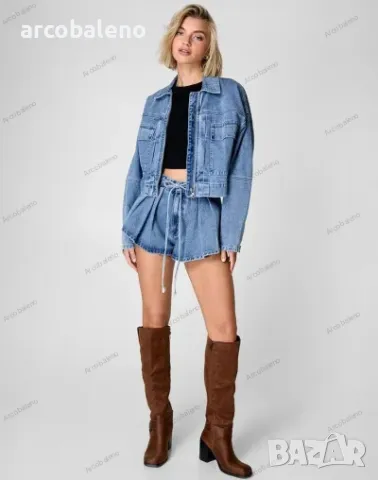 Дамски моден дънков свободен комплект яке с много джобове и къси панталони, снимка 2 - Комплекти - 48326633