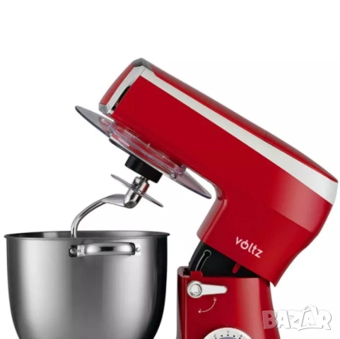 Планетарен миксер с купа от инокс Voltz, 2100W, 7.5 литра, 3 бъркалки, 6 степени + Pulse, LED, Черве, снимка 4 - Друга електроника - 52106091