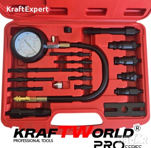 Комплект за измерване на компресия на дизелови двигатели KraftWorld Pro (17 части), снимка 3 - Други инструменти - 50642055