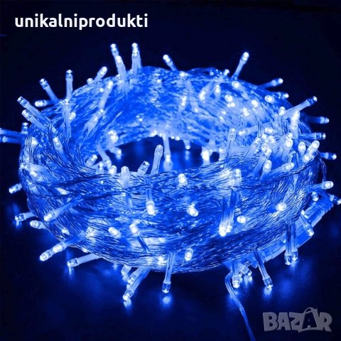 Коледни LED лампички 10м 100 диода снежно синя светлина 8 програми