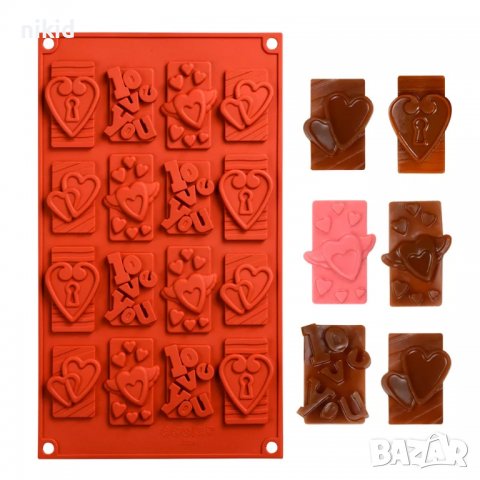 16 шоко блокчета плочки сърца ключалка силиконов молд за фондан шоколад декорация торта бисквитки 