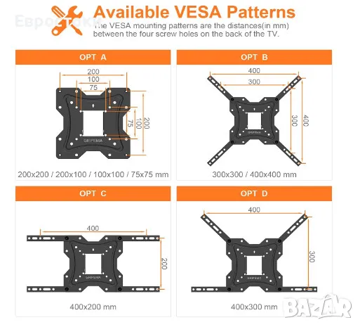Стенна стойка за телевизор GRIFEMA GB1004, въртяща се стенна стойка за ТВ, за екрани 26-55 инча, снимка 5 - Стойки, 3D очила, аксесоари - 47427668