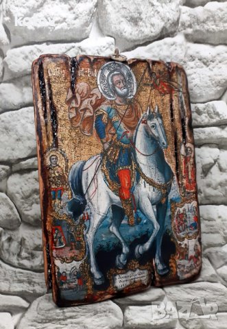 икона Свети Мина на кон със светци 21/15 см - УНИКАТ, декупаж, снимка 3 - Икони - 32580706