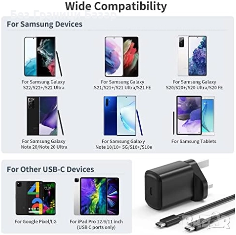 Ново 25W USB-C бързо зарядно с кабел за Samsung Galaxy S23 S22 S21 Note Самсунг, снимка 7 - Селфи стикове, аксесоари - 52697792