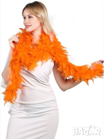 Оранжев ( боа) шал с естествени пера 180 см  , снимка 1 - Шалове - 42544419