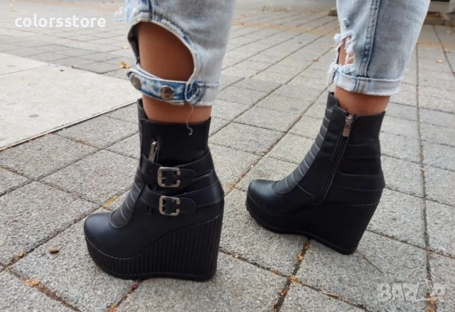 Боти на платформа - черна кожа - B2001 