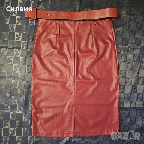 Червена дълга кожена права пола тип "молив" "Body Flirt" XL-XXL размер, снимка 3 - Поли - 52409918