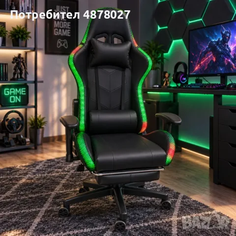 Геймърски стол с RGB LED осветление и дистанционно – Ергономичен дизайн, регулируеми подлакътници и , снимка 4 - Столове - 56082838